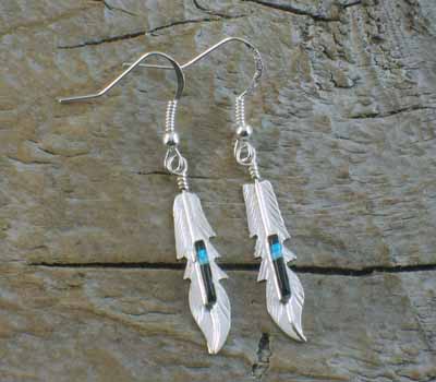 Gemstone Inlay Silver Feather Earrings